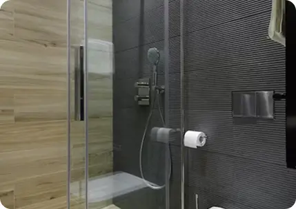Modern glass shower installation with black fixtures