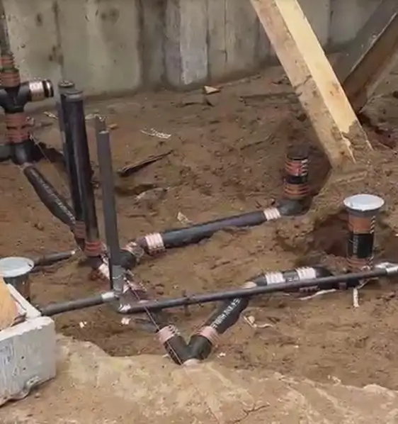 Residential plumbing rough-in with multiple drain lines