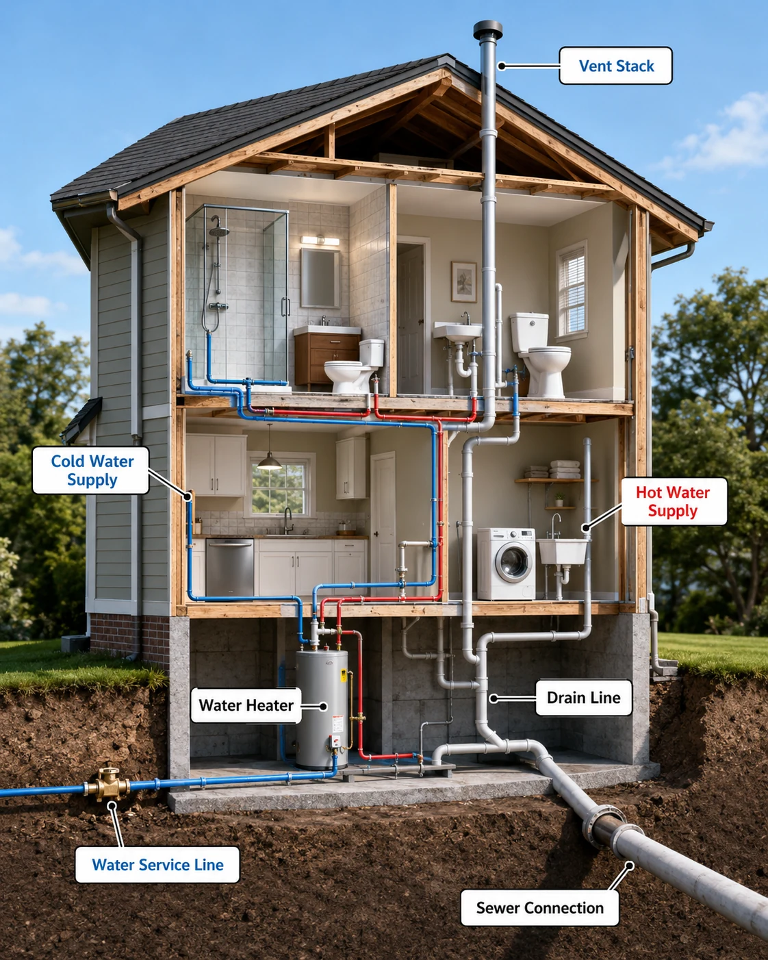 Home plumbing system showing water supply pipes, fixtures, drains, vent stack, and sewer connection